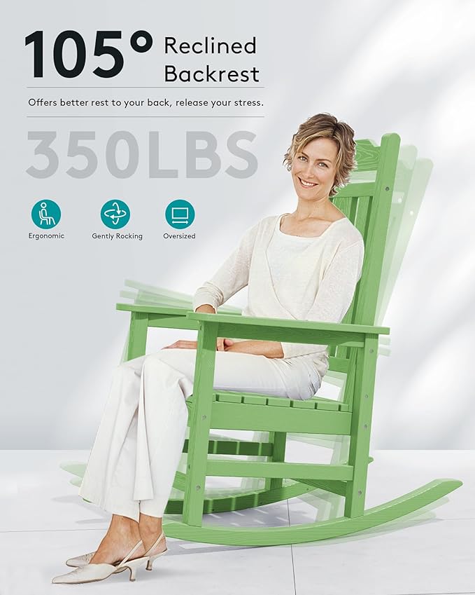 SERWALL Outdoor Rocking Chair, Patio Rocking Chairs for Porch, HDPE Rocking Chair Outdoor for Adults, Heavy Duty Front Porch Rocker, Mint