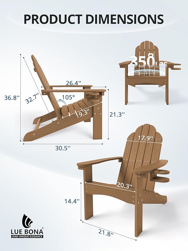LUE BONA HDPE Adirondack Chairs Set of 4,Plastic Adirondack Chairs with Cup Holder Weather Resistant for Outdoor, Patio, Lawn, Garden, Backyard Deck, Fire Pit, Brown