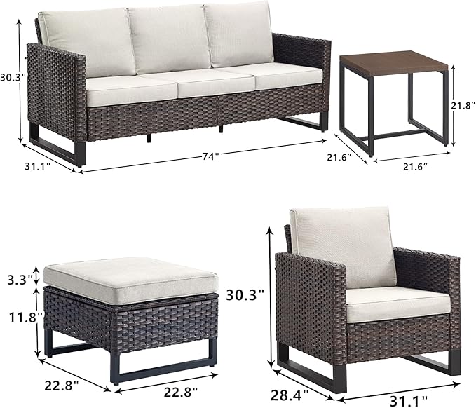 Rilyson Wicker Outdoor Patio Furniture Set - 6 Piece Patio Conversation Set with 2 Armrest Chairs,2 Rattan Ottoman,1 Couch and 1 Metal Side Table for Outside Porch Deck Backyard(Brown/Beige)