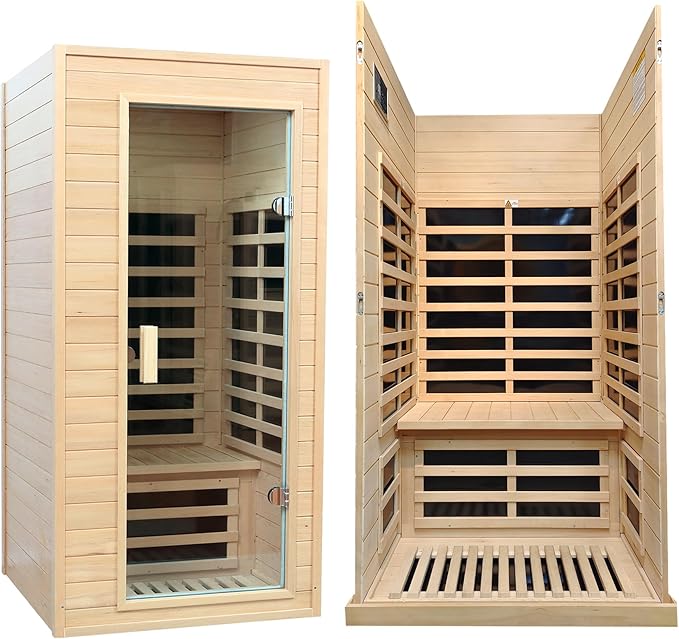 1 Person Infrared Sauna, Home Sauna, Hemlock Wood Far Infrared Sauna, 1,200watt, Low EMF FAR Infrared with Bluetooth, LCD, LED Lights, for Home Indoor