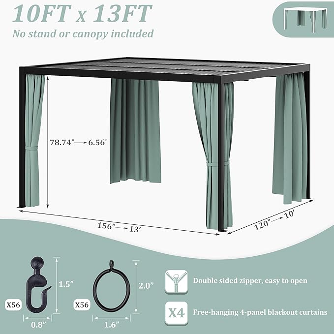 Gazebo Universal Replacement Privacy Curtain,10'×13' Gazebo Outdoor Waterproof Curtains, 4-Panels Sidewall Curtains with Double Zipper for Patio Canopy, Garden and Backyard (Curtain Only)