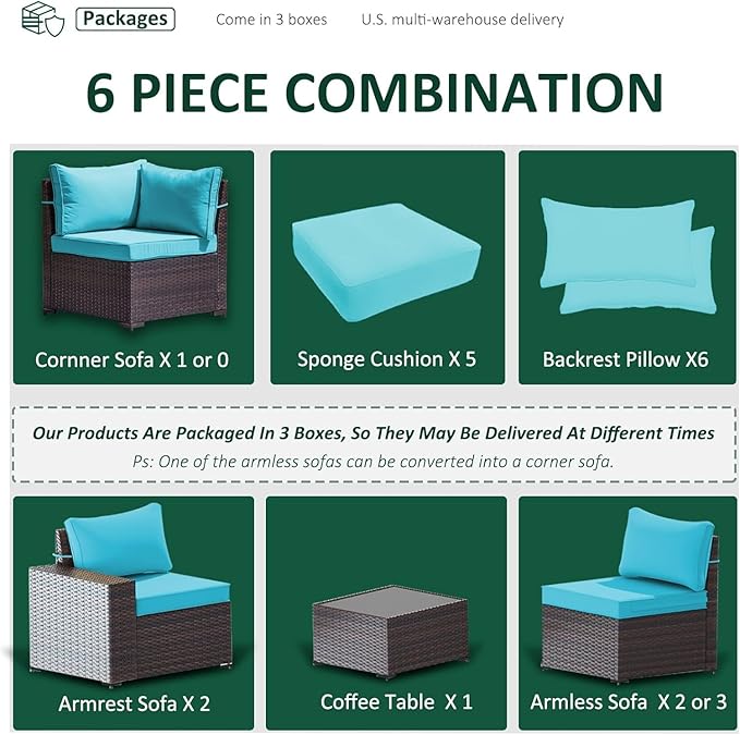 Outdoor Patio Furniture Set, 6 Pieces Outdoor Furniture All Weather Patio Sectional Sofas PE Wicker Modular Conversation Sets with Coffee Table,5 Chairs & Seat Clips Turquoise Blue.