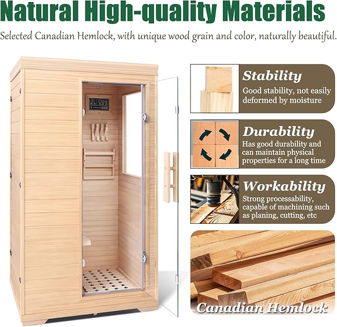 1350W Far Infrared Home Sauna, Energy-Efficient Fast-Heating Indoor Sauna Room with Bluetooth & 7-Color Therapy, Canadian Hemlock Wood, Modular Design - Ideal for Home Gym, Family Relaxation
