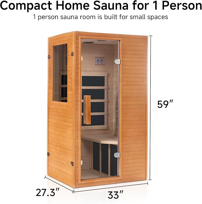 1 Person Infrared Sauna, Home Sauna Hemlock Wooden Indoor Dry Saunas Room, Low EMF 950W/110V Heaters Panels, Bluetooth Speakers, Reading Lamp