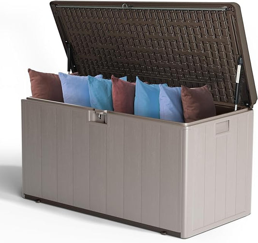120-Gallon Heavy-Duty Deck Box, Constructed with Double-Wall Waterproof Resin and featuring a Lockable Lid with UV Protection for Ultimate Outdoor Storage (Brown)