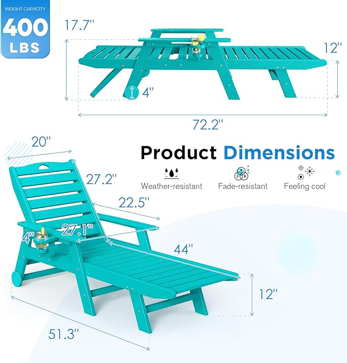 nalone HDPE Chaise Lounge Chair Outdoor with Wheels & Cup Holder, Pool Lounge Chairs with 5-Position Adjustable Backrest, Supports Up to 400 LBS for Patio Poolside Deck Beach Backyard (Aruba)
