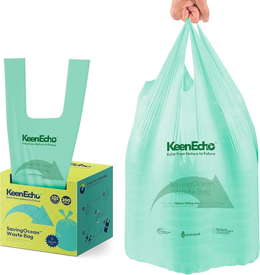 4 Gallon 200 Counts Small Green Trash Bags with Handle, Ocean Fishing Nets Upcycling, Sage & Sea Salt Scented, Plastic Garbage Bags, Waste Bag for Kitchen, Bathroom, Office and Pets