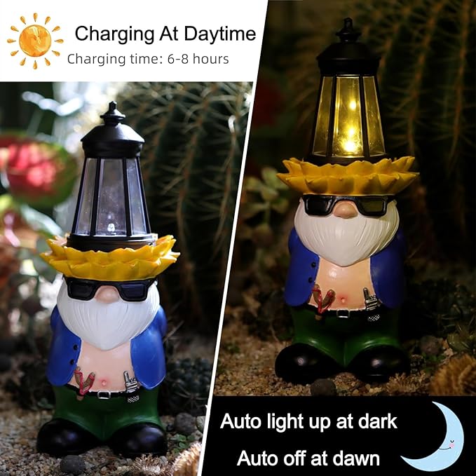 Garden Gnome Statue with Solar Lantern Lights Guardian Sculptures Outdoor Decorations Patio Lawn Yard Garden Decor Large Figurine Gifts for Women Mom