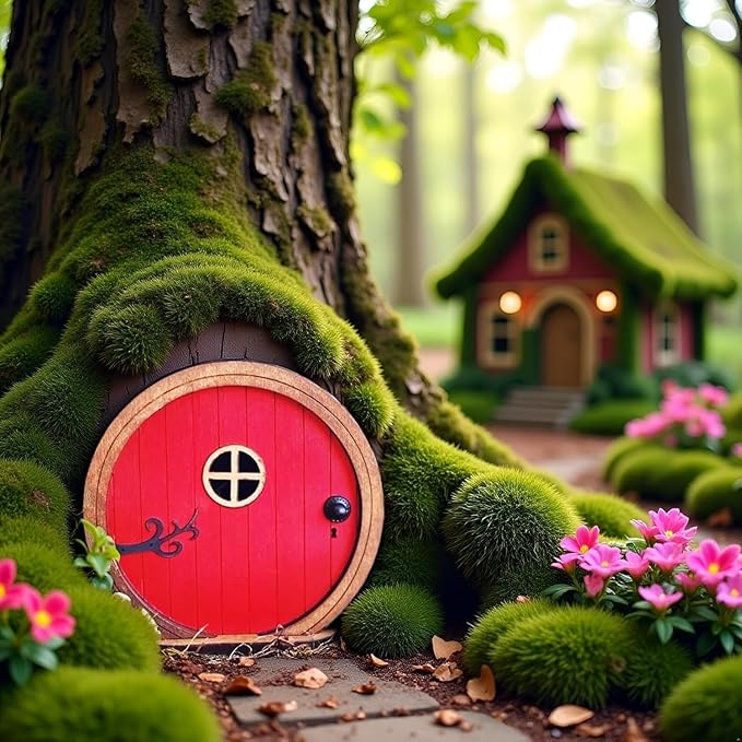 Red Fairy Garden Door for Trees, Outdoor Mini Garden Sculpture Ornament, Tree Trunk Fairytales Door Decoration