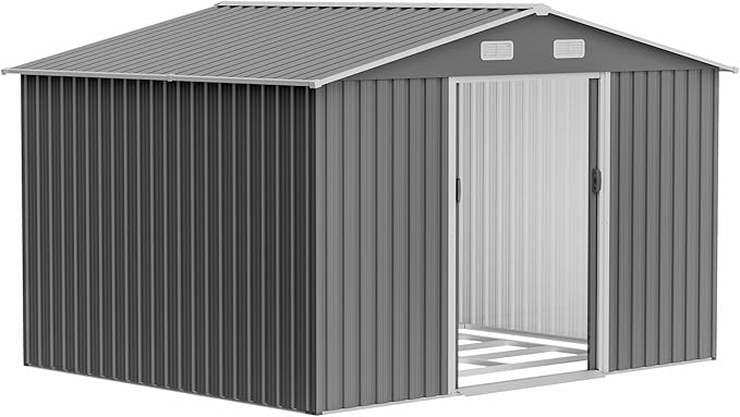10x8 FT Sheds & Outdoor Storage Shed with Floor Frame, Metal Shed Included Lockable Sliding Door and Air Vents Foundation Steel Garden Shed with Waterproof Roof Ideal for Backyard Patio (Dark Gray