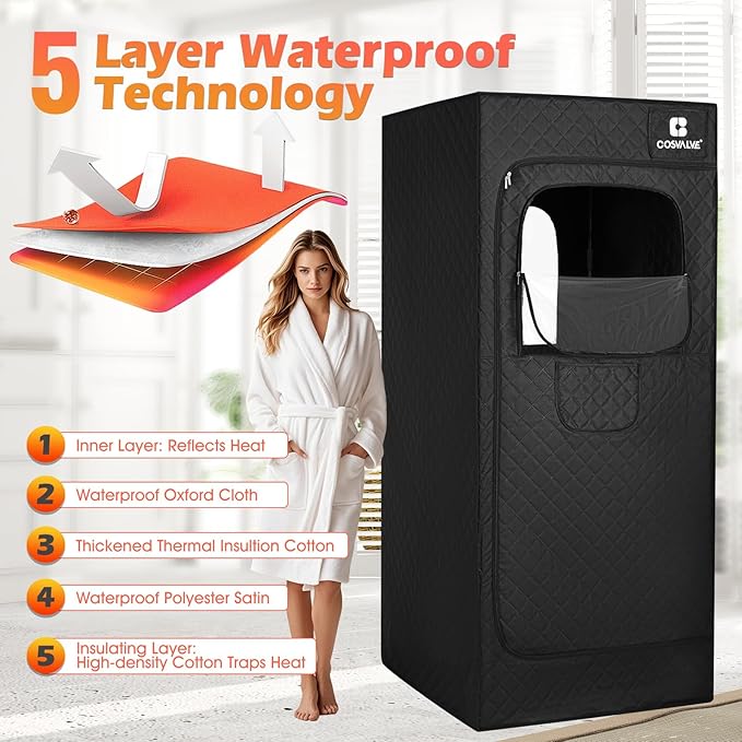 COSVALVE Portable Steam Sauna Box with Red Light for Home with 1600W 4L Steamer, Comfort Folding Chair, Indoor at Home Sauna Tent, Personal Steam Room for Relaxation, 2.9' x 2.9' x 5.9', Black