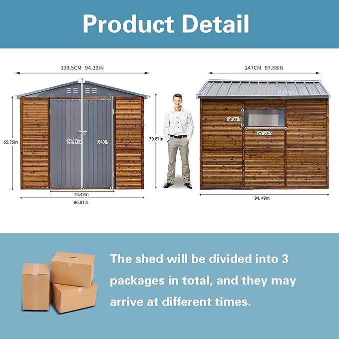 Shed 8' x 8' Storage Shed, 8x8 FT Wood Sheds & Outdoor Storage Clearance, Utility and Tool Garden Shed, Waterproof Storage Shed Large with Lockable Doors for Backyard, Patio, Outside