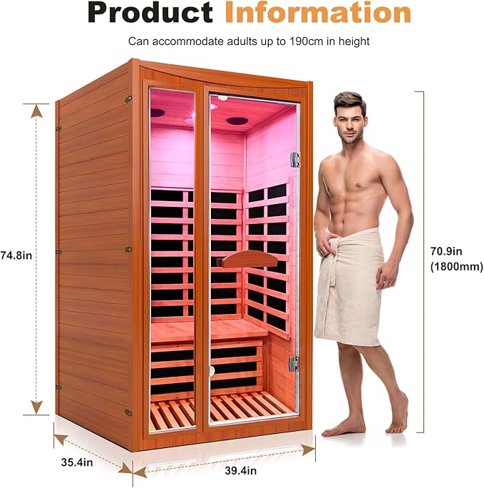 1-2 Person Home Sauna Low EMF Far Infrared Sauna with Red Light Bluetooth Speakers Indoor Dry Sauna 1550W 110V 39.37"x35.43"x74.8"