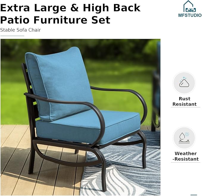 MFSTUDIO 6 Pieces Patio Furniture Sets with 45" Gas Fire Pit Table(Up to 7 Seat), Outdoor Metal Frame Patio Conversation Sofas with 1 x 3-Seat Sofa, 2 Sofa Chairs and 2 Ottoman, Navy Cushion