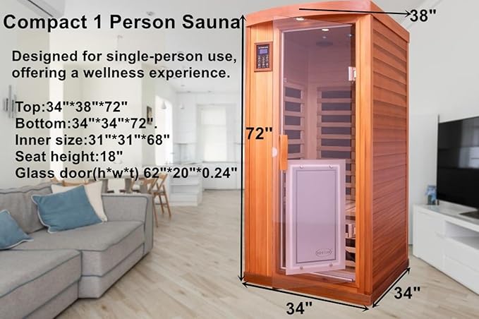 Far Infrared Sauna Room 1-2 Person Infrared Home Saunas, 8 Low EMF Heating Panels, 1510 Watts Red Cedar Wooden Saunabox with LED Reading Lamp, LCD Display-Control, Blue-Tooth Audio