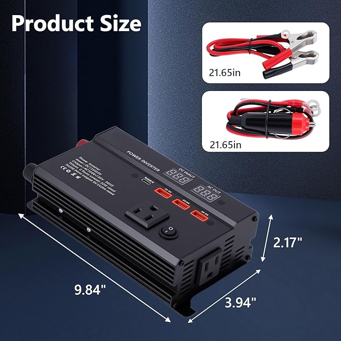 600W Car Power Inverter, 12V/24V Car Plug Adapter Outlet Converter with 1 Type C Port, 3 USB Ports, Dual AC Outlets for Cars Trucks US Plug (Black)