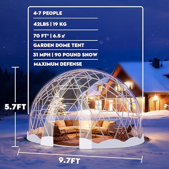 12FT Garden Dome Tent, Geodesic Dome Greenhouse with PVC Clear Cover, Waterproof Garden Bubble Dome Tent House with 2 x 10M Light Strings for Outdoor, Patio, Backyard, Party (White Edge, 10FT/3M)
