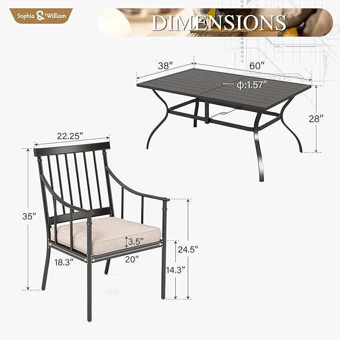 Sophia & William 7 Pieces Patio Dining Set, Rectangle Patio Table and Chairs Set of 2 Adjustable Umbrella Hole & Seat Cushions, Outdoor Conversation Furniture Set for Porch Backyard Balcony