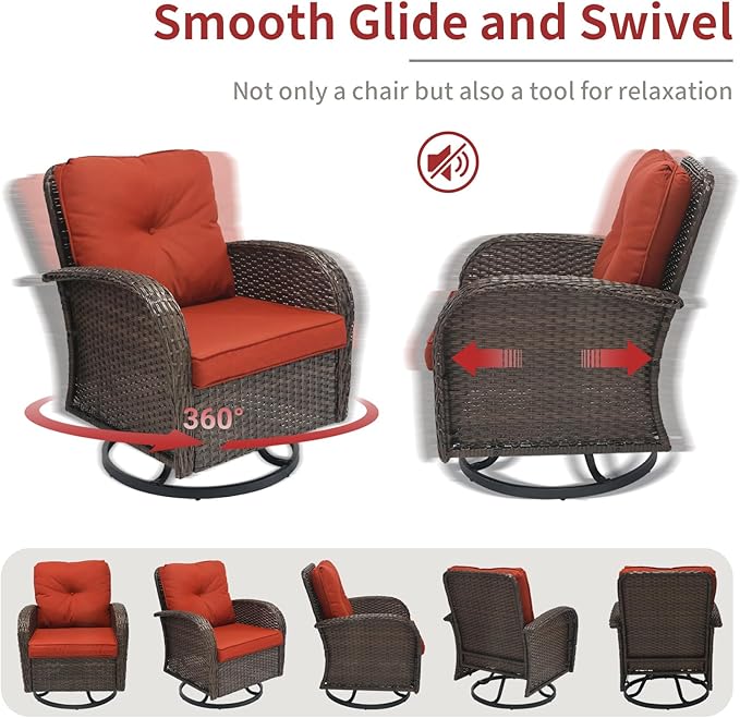 3 Pieces Patio Furniture Set, Outdoor Swivel Rocking Chair Set of 2 with Side Table - 360° Swivel, Thick Cushions, All-Weather Bistro Set for Deck, Porch, Pool(Red, Brown Full-Weave Rattan)