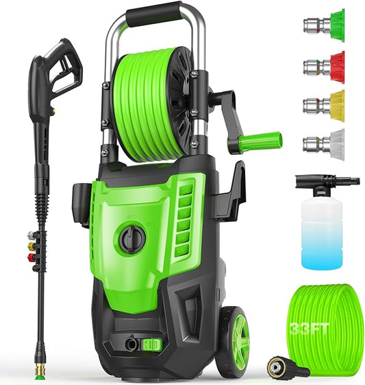 4800 PSI Pressure Cleaner- 4.0 GPM High Power Cleaner with 33FT Hose Reel M22-14mm, 4 Nozzles and Foam Cannon, for Home, Cars, Fences, Patio, 2025 Upgraded (Green)