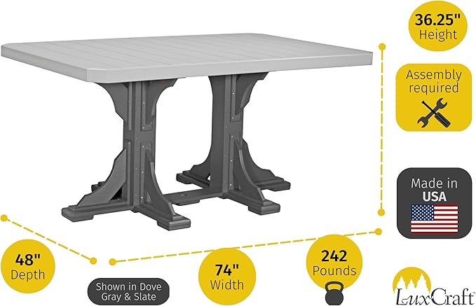 LuxCraft Poly 4' x 6' Rectangular Dining Table, 36.25" Height, Outdoor Patio Table, Made with Recycled Plastics, Made in USA (Weatherwood)