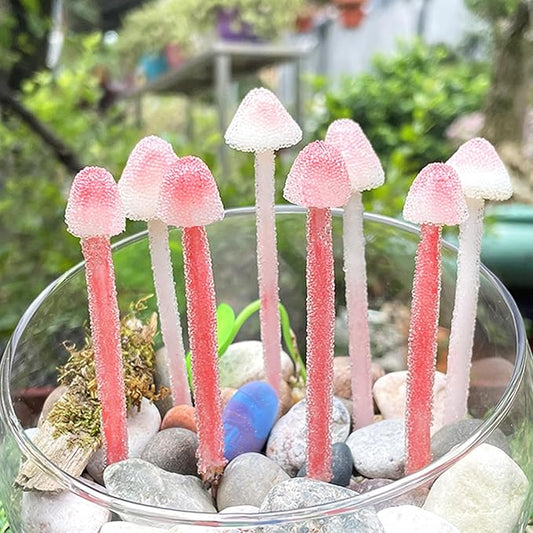 Handmade Glittery Pink Resin Clay Mini Mushrooms - 8Pcs Fairy Garden Decor with Frosted Beads, Miniature Terrarium Ornaments & Desk Plant Accessories Holiday Ornaments & Desktop Decorations