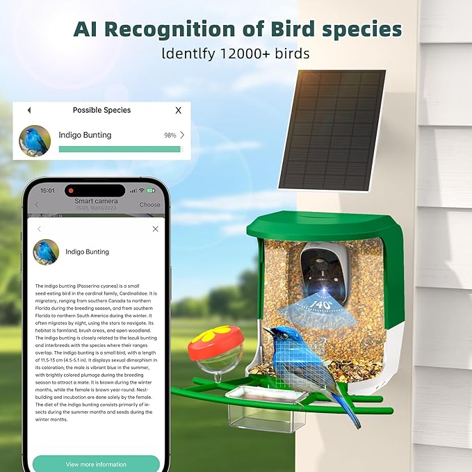 Smart Bird Feeder with Camera Solar Powered - 2K HD Live Video Camera AI Identify Birds, Visible Window Auto Capture& Motion Detection -Instant Arrival Alerts, Birds Lover Gifts