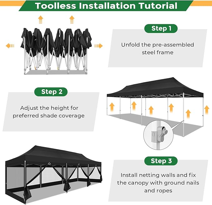 COBIZI 10x30 Heavy Duty Pop Up Canopy with 8 Sidewalls, Commercial Gazebo Party Tent with Mosquito Netting Wall Easy Set Up Outdoor Instant Screen Tent for Backyard, Patio, Garden, Black