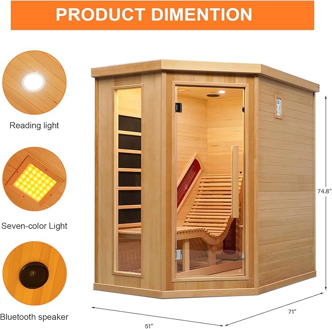 Infrared Sauna Room with Recliner, One Person Infrared Sauna Home, 220V，2300W, 4 Heating Tubes, 4 Carbon Crystal Heating Panel, Bluetooth Speakers, 7 Color Light, Oxygen Bar