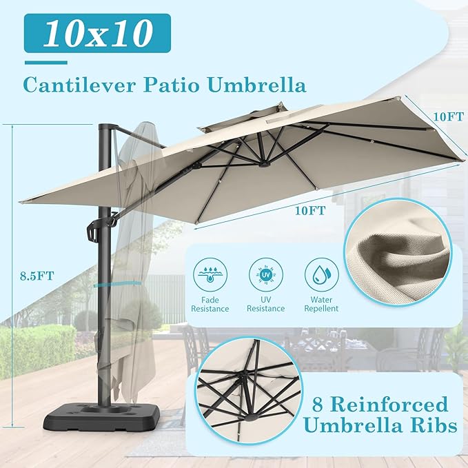 HOTIME10x10ft Patio Umbrella Cantilever Umbrella Double Top - Upgrade and Intensify - 360 Rotation and 5 Angles Adjustment - Aluminum Offset Pool Umbrella Outdoor Umbrellas for Patio Garden Deck Pool