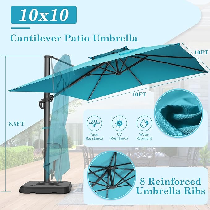 HOTIME10x10ft Patio Umbrella Cantilever Umbrella Double Top - Upgrade and Intensify - 360 Rotation and 5 Angles Adjustment - Aluminum Offset Pool Umbrella Outdoor Umbrellas for Patio Garden Deck Pool