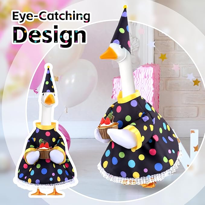 Happy Birthday Goose Outfit Porch Goose Outfits with Happy Birthday Cake Hat and Clothing for 23" Cement/Plastic Porch Goose Outdoor Statue Patio Yard Lawn Art