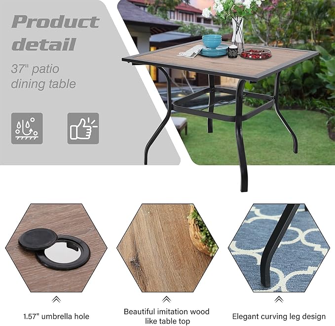 Sophia & William 5 Pieces Patio Dining Set with 4 Chairs and Square Table of Imitation Wood Top, Outdoor Conversation Furniture Set with Seat Cushion and 1.57" Umbrella Hole for Porch Backyard Balcony