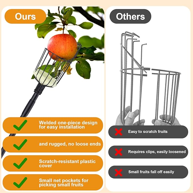 Fruit Picker Pole with Basket, 10.7FT (130 Inch) Adjustable Fruits Picker Tool with Stainless Steel Handle Fruit Grabber Reach Tool for Apple Mango Pear Avocados Fruit Picking, Black
