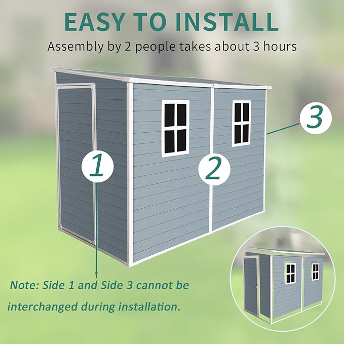 LANTRO JS Storage Sheds Outdoor with Floor, Plastic Shed, 4x8FT Lean to Shed with Two Windows, Lockable Doors for Garden Tools