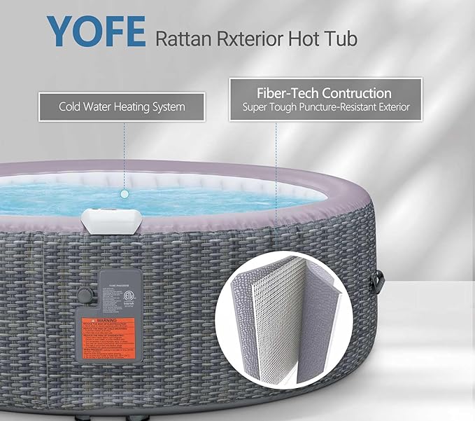 73" Inflatable Round Hot Tub for 2-6 Adults, Portable Outdoor Spa with 130 Air Jets, 1350W Heater, Rattan Look, Blow Up Bubble Tub for Patio, Deck, Backyard (Round Laminated PVC)