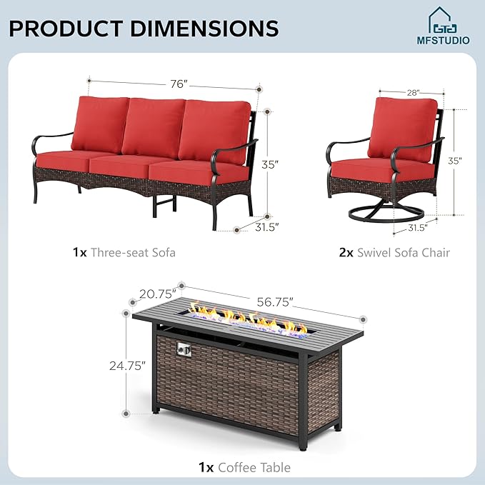 MFSTUDIO 4 Pieces Outdoor Patio Furniture Set, Metal Outdoor Conversation Set, Rattan Wicker Patio Sectional Set with 2 x Swivel Single Sofa, 3-Seat Sofa, 1 x Fire Pit Table, Red