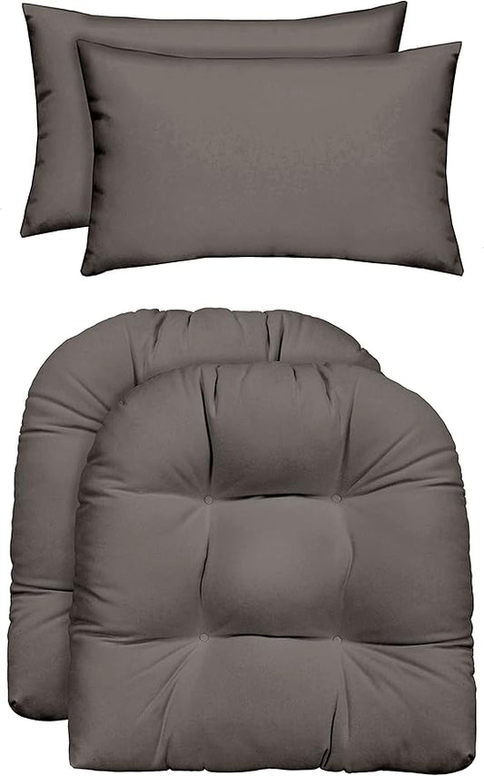 RSH DECOR: Tufted U-Shapes & Lumbars 2 of Each | 22" x 22” & 20" x 12" | Water-Resistant Spun Fabric | Outdoor Wicker Cushions & Support Pillows for Patio Furniture | Gray/Grey