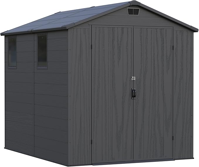 Greesum 6×8FT Plastic Outdoor Storage Shed with Floor, Resin Storaged Sheds with Lockable Double Door, Windows & Vents, All-Weather Tool Sheds for Garden, Backyard, Patio, Dark Gray