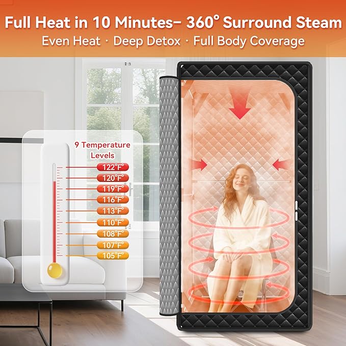 Portable Sauna for Home, Upgraded Large Size Home Sauna Box with 3L 1300W Steamer, Big Folding Chair, 9 Levels Heat,Timer, Remote Control - Personal Steam Room Tent for Relaxation Spa 3'x3'x5.9' Black