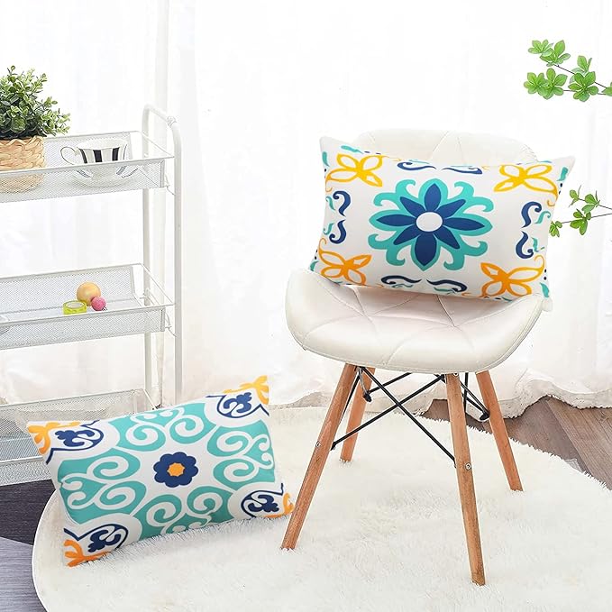 Outdoor Waterproof Throw Pillow Covers Set of 4 Floral Printed and Boho Farmhouse Outdoor Pillow Covers for Patio Funiture Garden 12x20 Inch Blue