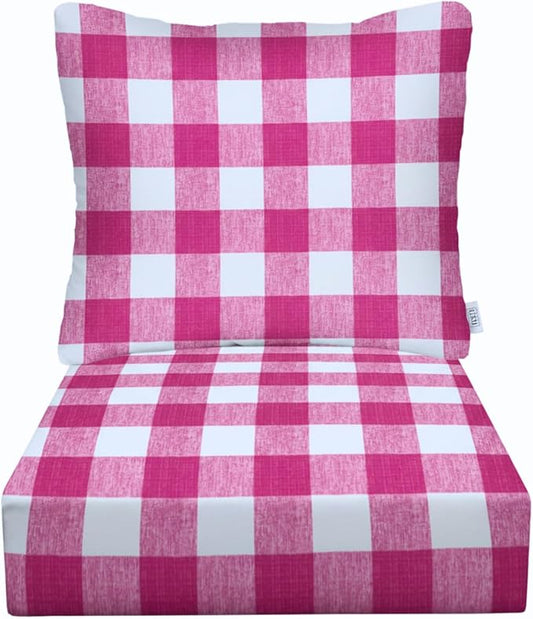 RSH DECOR Deep Seating Cushion with Pillow Back | 25” x 25.5” Seat | Water and Fade-Resistant Spun Fabric | Outdoor Chair Cushion Set for Patio Furniture | Classic Pink Buffalo Plaid