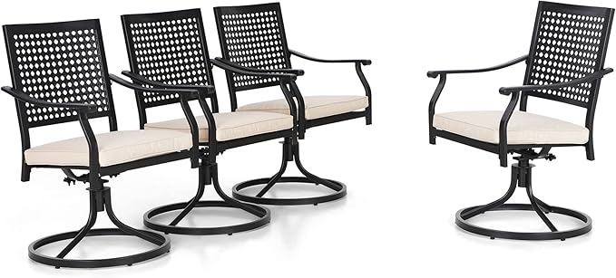 PHI VILLA Patio Swivel Dining Chairs Set of 4, Outdoor Kitchen Garden Metal Chair with Cushions, Patio Furniture Chair with Armrest, Black Frame