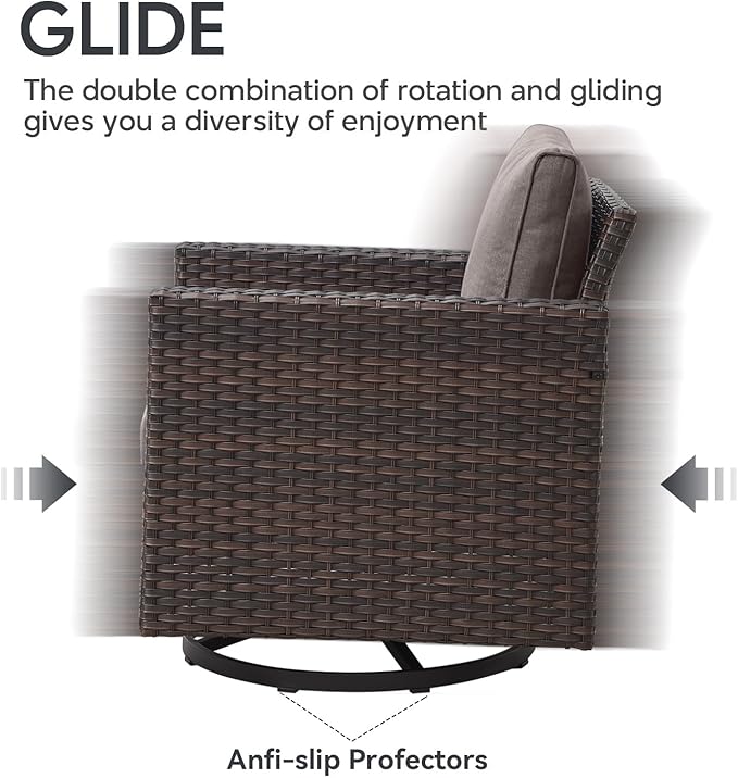 Outdoor Swivel Rocker Chairs Set of 4 with Fire Pit Table - 5 Peice Wicker Patio Furniture Set Conversation Set with 50,000 BTU Fire Pit for Deck Backyard - Brown Wicker Grey Cushion