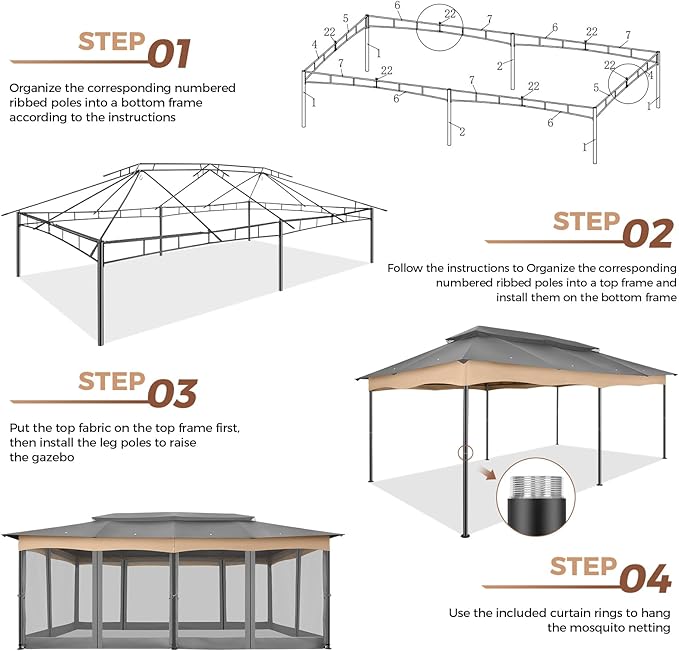 COBIZI Gazebo 12x20 Heavy Duty Gazebos with Improved Nettings Outdoor Gazebo Canopy Double Roof Patio Gazebos with Metal Steel Frame for Patio, Deck, Backyard (Gray)