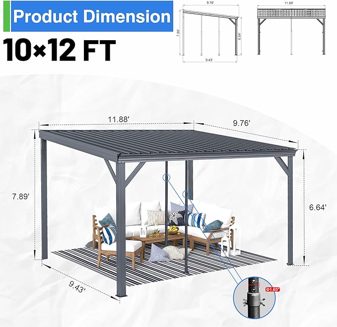 10x12FT Lean to Gazebo, Outdoor Hardtop Wall Mount Gazebo with Gutter & Sloping Galvanized Steel Roof, Metal Hard Top Awnings for Deck, Porch, Backyard