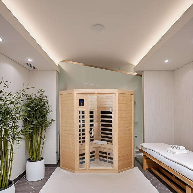 Far Infrared Sauna Low EMF Wooden Saunas for Home, 2-3 Person Indoor Home Saunabox, 1600watt Canadian Hemlock Sauna Room with Bluetooth, LCD, 10 Minutes Pre-Warm up