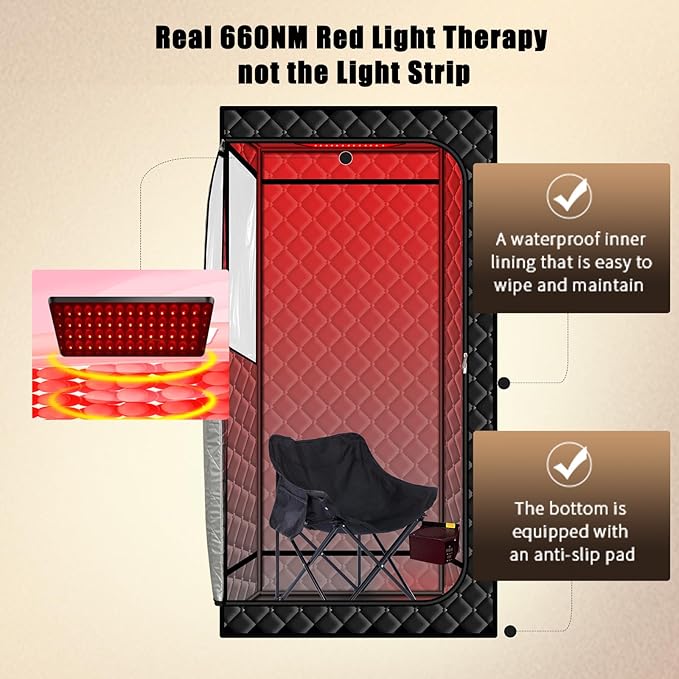Smartmak Portable Sauna with Infrared 660nm Red Light Therapy Lamp for Home Relaxation, Personal Large Full Body Sauna Spa Tent, 185°F1500W High Power Hot Air Saunas, Folding Chair Indoor Use