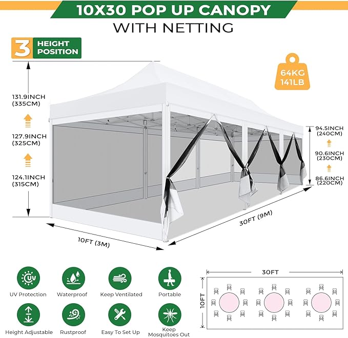 COBIZI 10x30 Heavy Duty Pop Up Canopy with 8 Sidewalls, Commercial Gazebo Party Tent with Mosquito Netting Wall Easy Set Up Outdoor Instant Screen Tent for Backyard, Patio, Garden, White
