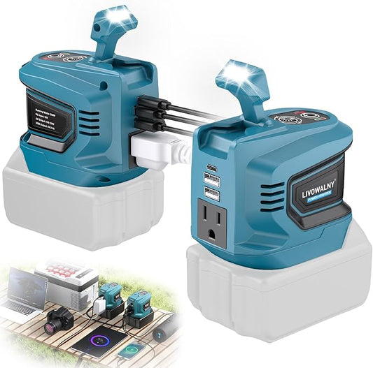 2 Packs Power Inverter Compatible with Makita 18V, 200W Battery Inverter 18V to 110V Portable Power Adapter Charger Adapter Power Station Power Supply with 2 USB & 1 Type-C & 1 AC Outlet(No Battery)